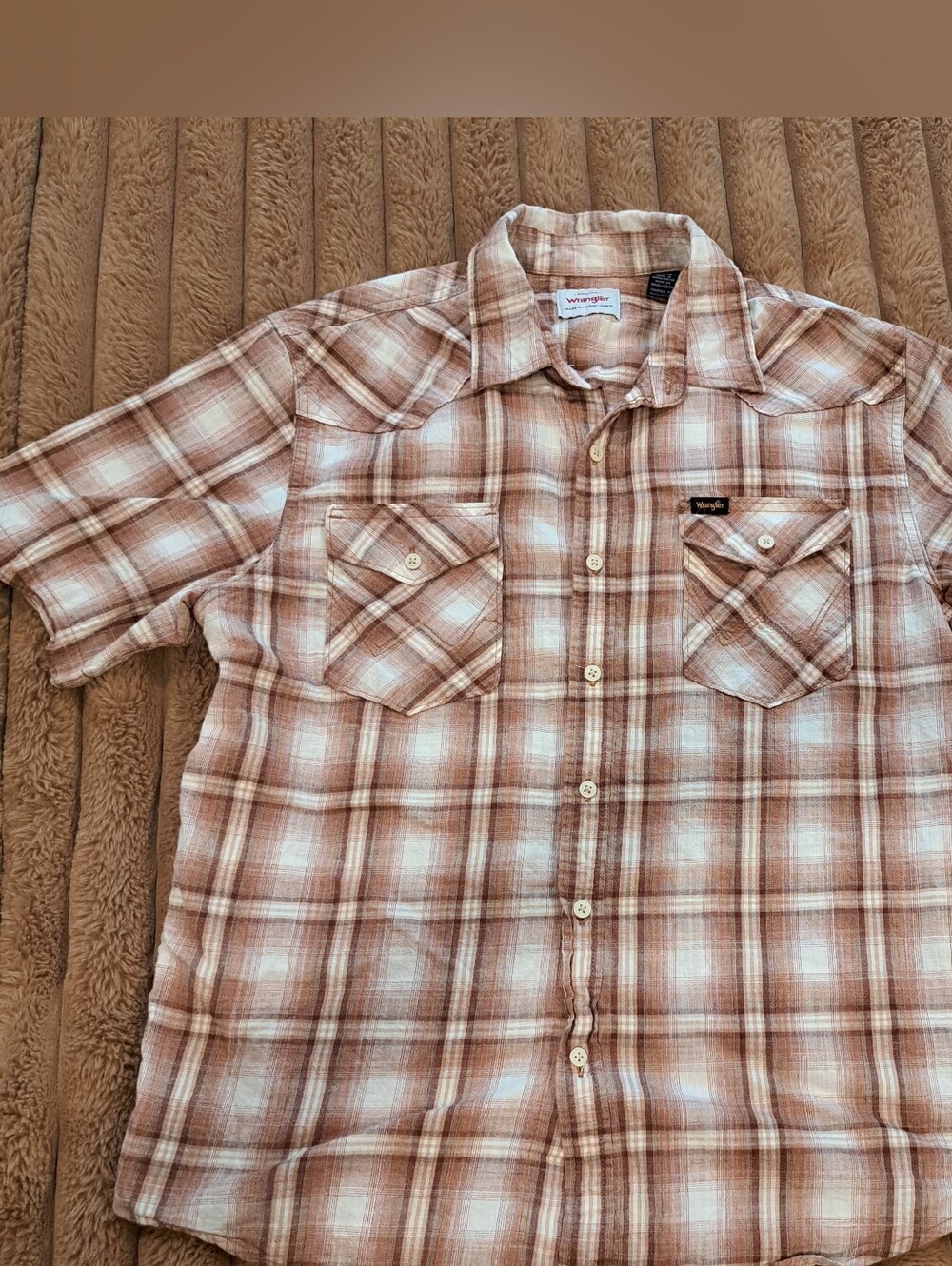 Wrangler Premium  Western Shirt Mens L Brown Cream Plaid Short Sleeve